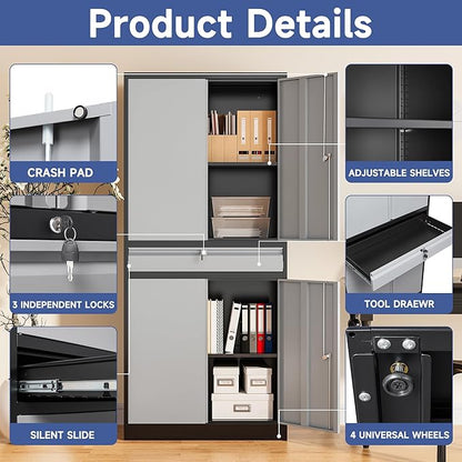 Metal Garage Storage Cabinet, 71" Lockable Storage Cabinet with 2 Adjustable Shelves and 1 Drawer for Garage, Utility Room, Warehouse (Black Grey)