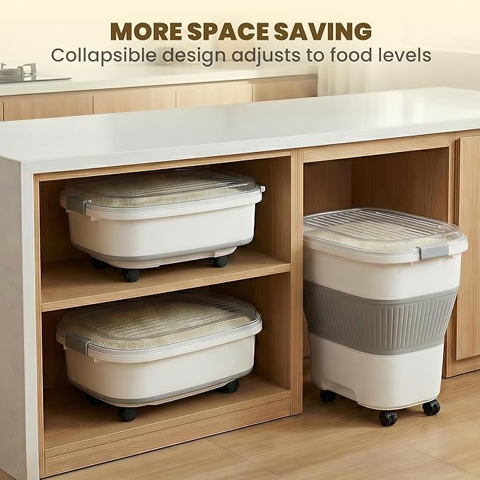 25-40Lbs Rice Container,Collapsible Food Storage Containers with Airtight Clear Lid,Wheels,Rice Storage Container with Small Bin and Scoop,Rice Dispenser for Flour Sugar Cereal Grain Dog Cat
