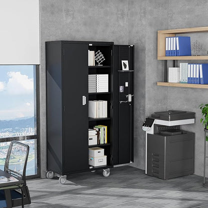 VINGLI 72'' Tall Garage Storage Cabinet, Metal Storage Cabinet with Pegboards, Wheels, Locking Doors and Adjustable Shelves (Black, 32''W x 16''D x 72''H)