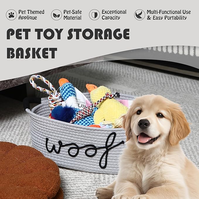 Sea Team Dog Toy Storage Basket with Handles, 16.5 x 11 x 7 Inches, 4.4 Gallons Large Cotton Rope Storage Bin, Shelf Basket, Organizer for Pet Chew Toys, Foods, Grey Woof
