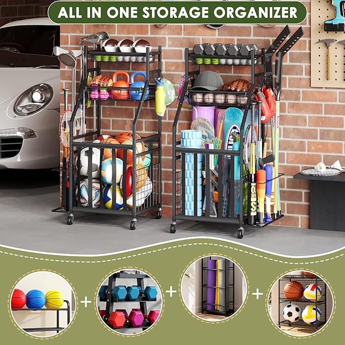 Sports Equipment Garage Organizer,Garage Ball Storage Rack with Elastic Straps,Small Rolling Ball Holder Cart with Wheels for Sports Gear,Indoor/Outdoor Toy Storage with Hooks and Baskets,BK