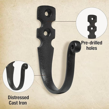 Cast Iron Wall Hooks (10 Pack) Handmade Blacksmith - Wall Mounted J Hooks - Farmhouse Decorative - Vintage Hooks for Hanging Coats, Bags or Pots in Pantry (Black, 2 Screws Each Hook)