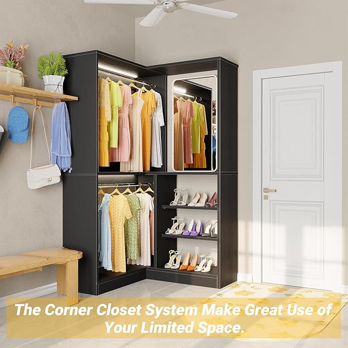 Unikito Corner Closet System, 36” Large Freestanding Closet Organizer Tower with 2 Hanging Rods and Storage Shelves, Sturdy Walk in Closet Kits for Bedroom and Entryway, 36" W x 36" D x 80" H, Black
