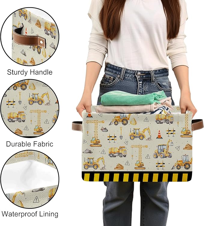 Construction Truck Basket - Excavator Storage Baskets Collapsible - Bulldozer Storages Bin Decor - Tractor Decor for Boys Room - Excavator Rectangle Baskets for Kids Clothes, Gifts, Books