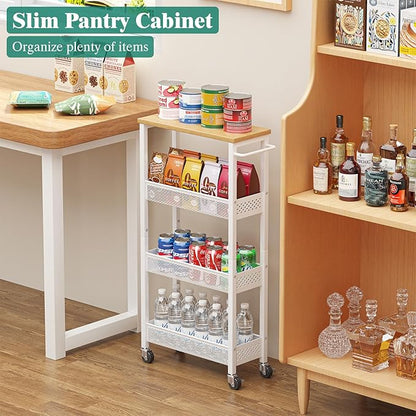 Giwil Slim Rolling Storage Cart 4 Tier Bathroom Organizer Mobile Shelving Unit Utility Cart with Wood Top and Handle for Kitchen Laundry Narrow Places, White