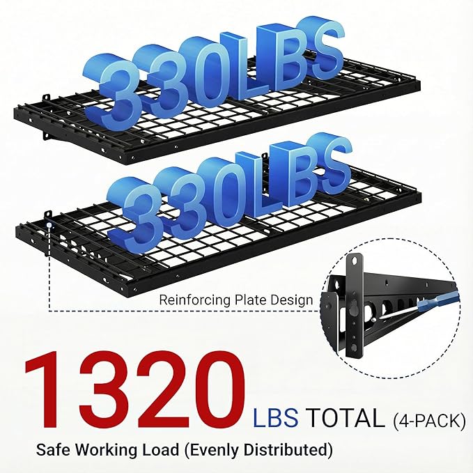 FLEXIMOUNTS 4 Pack 2x4ft Garage Storage 24x48 inch Heavy Duty Bike Wall Shelving Rack, 1320lbs Total Weight Capacity, Black, Pro Series
