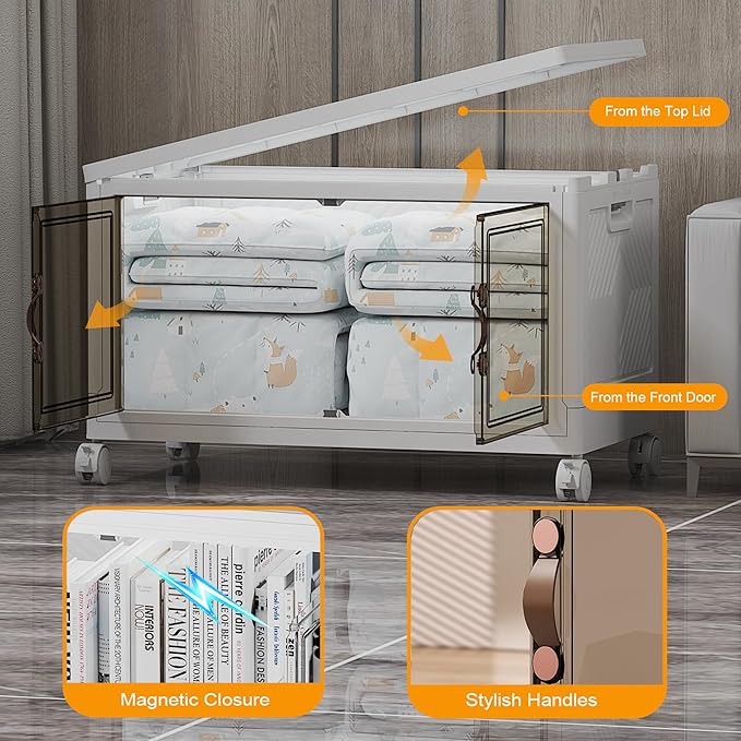 Extra Large Stackable Storage Bins with Lids & Wheels & Door,Foldable Collapsible Closet Organizers, Plastic containers drawers for bedroom Dorm (White-160QT, 1Pack with 1 top lid)