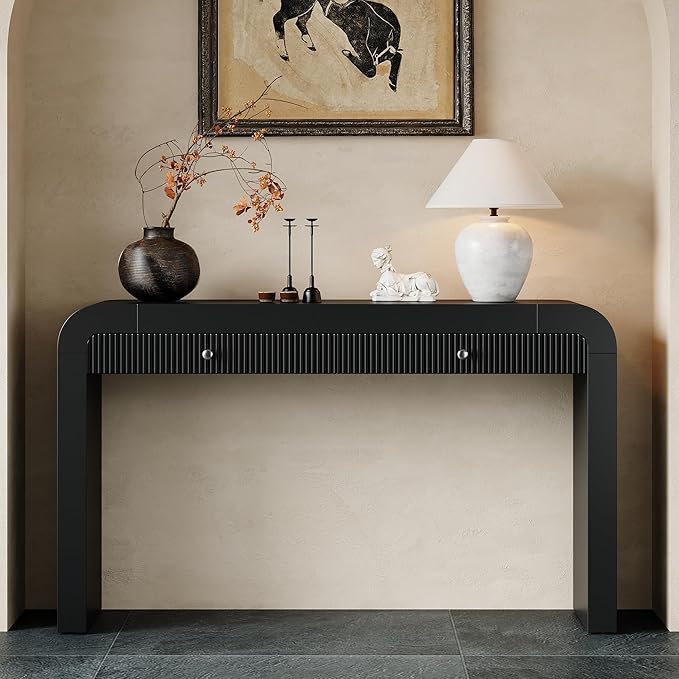 54.3" Rustic Console Table with Fluted Drawer Front,Entryway Table with Curved Corners & Thick Legs,Sturdy Sofa Table for Hallway & Living Room,Black