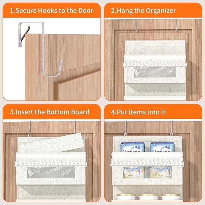Aokeyee 5 Tier Over The Door Organizer Storage Nursery, Boho Door Organizer Hanging with Tassels and Clear Window, 65lb Behind The Door Storage for Baby Nursery, Bedroom, Bathroom, Laundry, Pantry