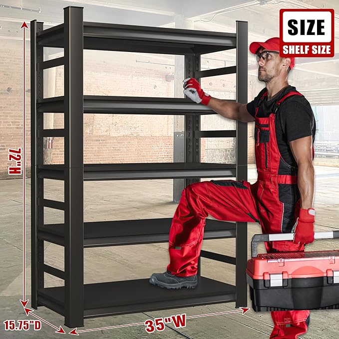 Garage Storage Shelves, 72" H Storage Shelves, Adjustable Steel Storage Rack, 5 Tier Shelving Unit, Black, Garage, Basement, Kitchen, Living Room Storage, 72" Hx35.4 Wx15.8 D