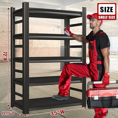 Garage Storage Shelves, 72" H Storage Shelves, Adjustable Steel Storage Rack, 5 Tier Shelving Unit, Black, Garage, Basement, Kitchen, Living Room Storage, 72" Hx35.4 Wx15.8 D