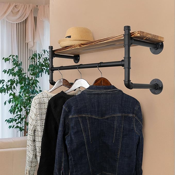 WEBI Wall Mounted Clothes Rack with Shelf,32" Industrial Pipe Clothing Rack with Shelves,Heavy Duty Iron Garment Rack Bar,Retail Display Clothes Rod for Clothes,Laundry Room,Black