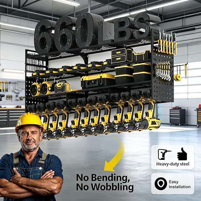 52'' Heavy Duty Power Tool Organizer Rack | 660lbs Capacity 4-Tier Wall Mount Garage Storage Shelf | Adjustable Pegboard Tool Storage for Workshop, Garage, and DIY Enthusiasts