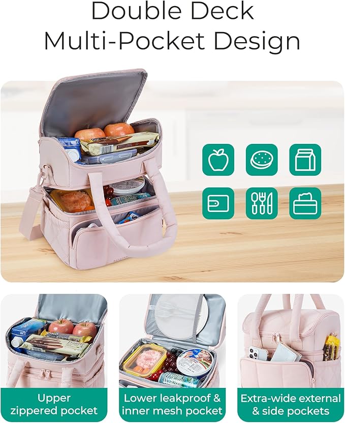 BAGSMART Lunch Bag Women, Double Deck Insulated Lunch Box, Quilted Puffer Lunch Tote, Leakproof, Durable & Reusable Large Lunch Cooler For Work Picnic Travel Meal Prep, Camel