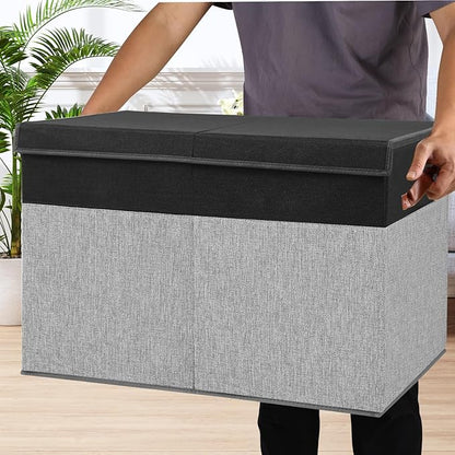 Large Toy Storage Box with Lid, Sturdy Toys Storage Chest Bin Organizer Basket with Dividers for Kids, Boys, Girls, Nursery, Closet, Bedroom, Playroom 26"x17" x17" (Black and Grey)