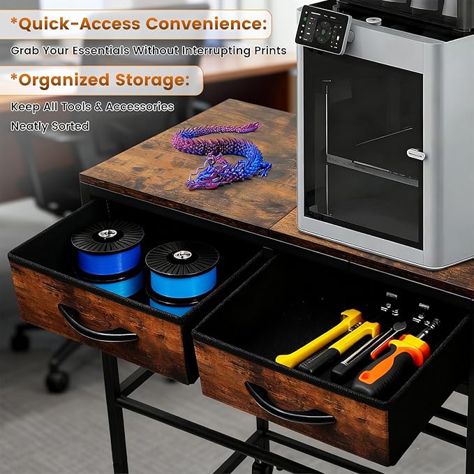 3D Printer Filament Storage Shelf with Drawers& Wheels, Heavy Duty 2-Tier 3D Printer Filament Metal Stand with Storage, Adjustable Filaments Organzied Rack for Workshop Studio Office, 4 Leveling Feet