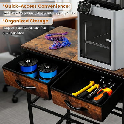 3D Printer Filament Storage Shelf with Drawers& Wheels, Heavy Duty 2-Tier 3D Printer Filament Metal Stand with Storage, Adjustable Filaments Organzied Rack for Workshop Studio Office, 4 Leveling Feet