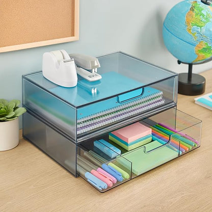 STORi STAX Plastic Stackable Organizer Drawers (Set of 2) Classic Grey | 12.5" Wide | Set Includes One Open Drawer & One Divided Drawer | Organize Office Desk Accessories & Sort Paper | Made in USA