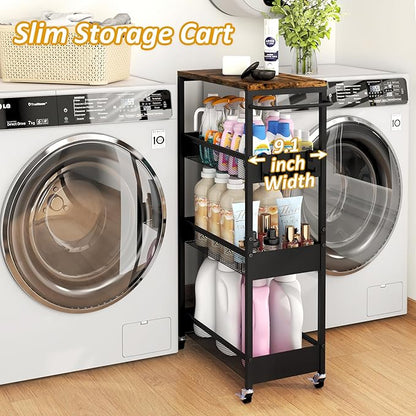 Slim Rolling Utility Cart, 4 Tier Metal Narrow Storage Cart with Handle and Wood Top, Multifunctional Small Mobile Shelf Unit Organizer Trolley for Laundry, Bathroom, Kitchen