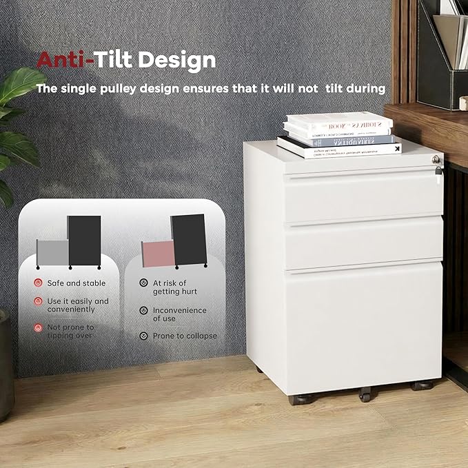 Bonusall Fully Assembled 3-Drawer Metal File Cabinet with Lock - Mobile Under Desk Filing Cabinet for Legal/Letter/A4 Size, Anti-Tilt Mechanism, Pre-Installed Office Storage, White