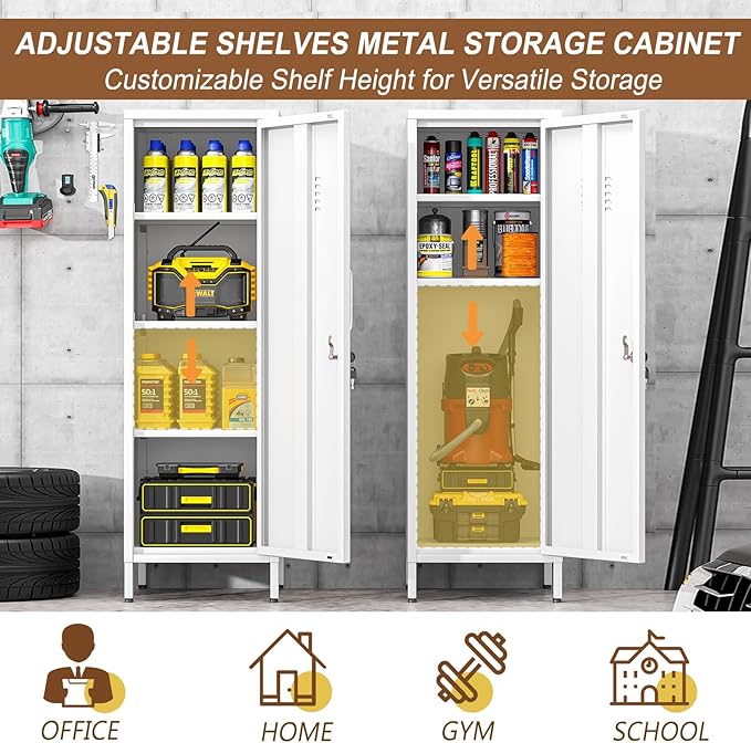 47.24" Metal Storage Locker with Lockable, Employees Metal Steel Locker with 1 Door ＆ 3 Adjustable Shelves, Small Locker Storage Cabinets for Home, School, Office, Gym (White)