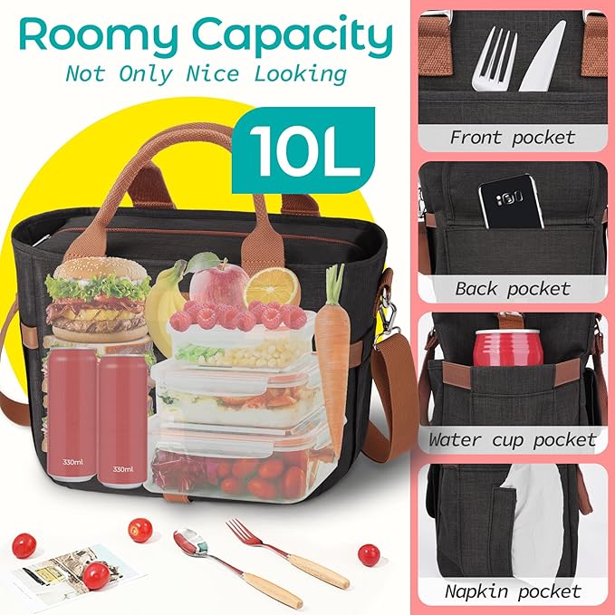 KIPBELIF Cute&Classy Roomy Insulated Lunch Bags for Women - Stylish & Functional Large Tote Adult Lunch Box for Working & Picnic(Standard,Classic Black)