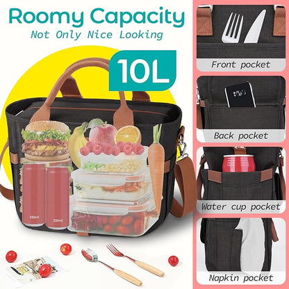 KIPBELIF Cute&Classy Roomy Insulated Lunch Bags for Women - Stylish & Functional Large Tote Adult Lunch Box for Working & Picnic(Standard,Classic Black)