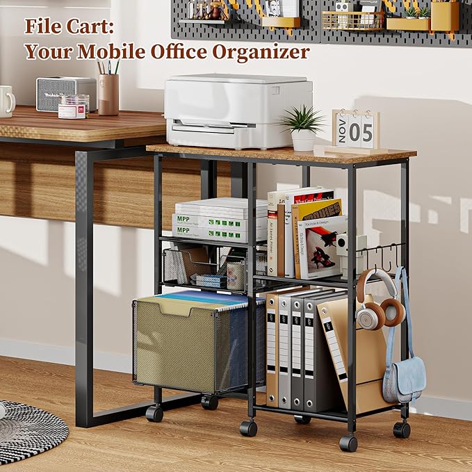 Rolling File Cart with Wheels,Lateral File Cabinet with 2pcs Drawers,Rolling Printer Stand Cart with Open Storage Shelf,Hanging Filing Cabinet Organizer Cart Fits Letter Size for Home Office