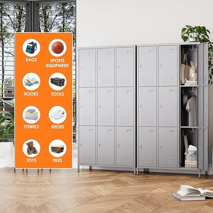 Aobabo New 9 Doors Metal Storage Locker for Employees, Lockable Steel Locker with Name Card Slot and 27 Hooks for School Office Gym Garage, Dark Grey, Assembly Required