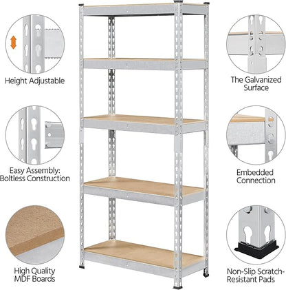 Topeakmart 5-Tier Utility Shelves, Metal Storage Shelves, Adjustable Shelving Units, Boltless Assembly, Garage Shelves Shed Shelving for Warehouse Garage Shed Basement- Silver, 27.5 x 12x 60 Inch