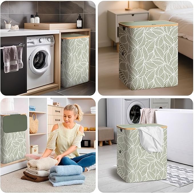 BALEINE Laundry Hamper with Lid, Tall Laundry Baskets with Bamboo Pull Handles, Large Laundry Bin with Internal Support (26 Gal/100L, Antique Foliage)