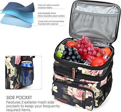 MIYCOO Lunch Bag & Lunch Box for Women Men, Double Deck Leakproof Insulated Soft Large Adult Camping Cooler bag for Work, Beach, Picnic, Travel (Flower, 15L)