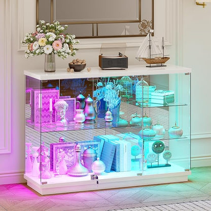 HNEBC 47.2" W Display Cabinet - with Lockable Glass Door,5-Tier Glass Display Case with 12 Lights Modes for Collectibles,Lighted Cuiro Cabinet with Human Sensor,China Cabinet,Living Room,White
