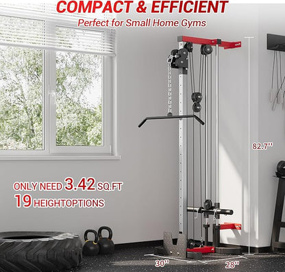 Wall Mount Cable Station – Dual Pulley Cable Crossover Machine with 18 Adjustable Positions, Tricep Rope, T-Bar, LAT Pulldown Bar & Foot Board for Home Gym Strength Training