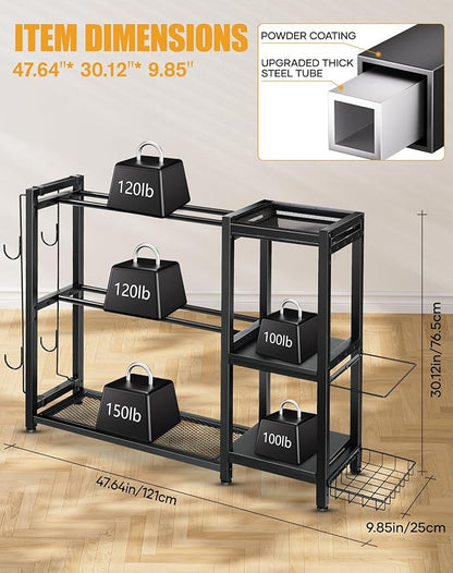 3-Tier Dumbbell Rack Stand Only - Adjustable Weight Rack for Home Gym, Heavy-Duty Weight Stand for Dumbbells Kettlebells Foam Roller Yoga Mats, Workout Equipment Storage Organizer With Hooks