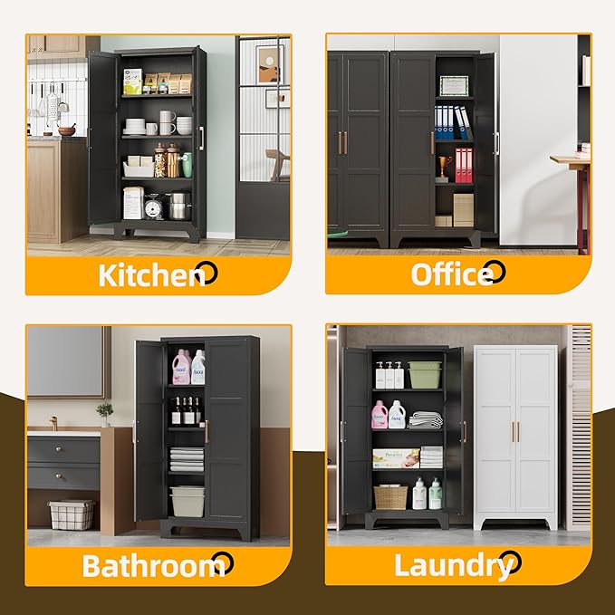 61"H Metal Pantry Cabinet with 2 Doors and 3 Adjustable Shelves,Food Storage Cabinet with Gold Handle for Kitchen,Dinning Room,Home Office,Living Room,Easy Assembly (Black,61"H x13.8"D x27.6"W)