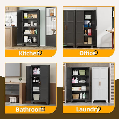 61"H Metal Pantry Cabinet with 2 Doors and 3 Adjustable Shelves,Food Storage Cabinet with Gold Handle for Kitchen,Dinning Room,Home Office,Living Room,Easy Assembly (Black,61"H x13.8"D x27.6"W)