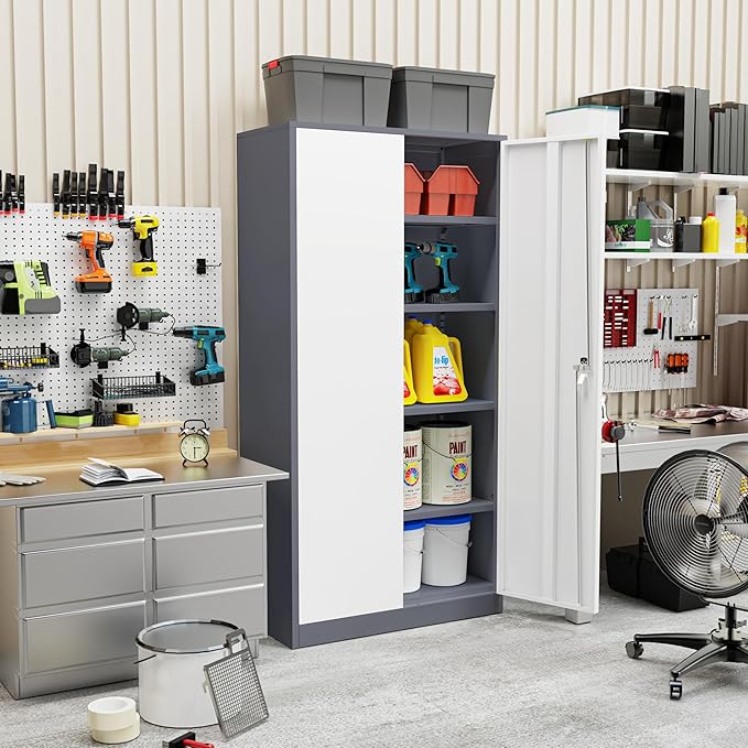 Oakcloud Metal Storage Cabinet Tool Organizer, 72" Lockable Garage Storage Tool Cabinets with 2 Doors and 4 Adjustable Shelves, Locking File Cabinet for Office, Home, School (72“ Wide-GreyWhite)