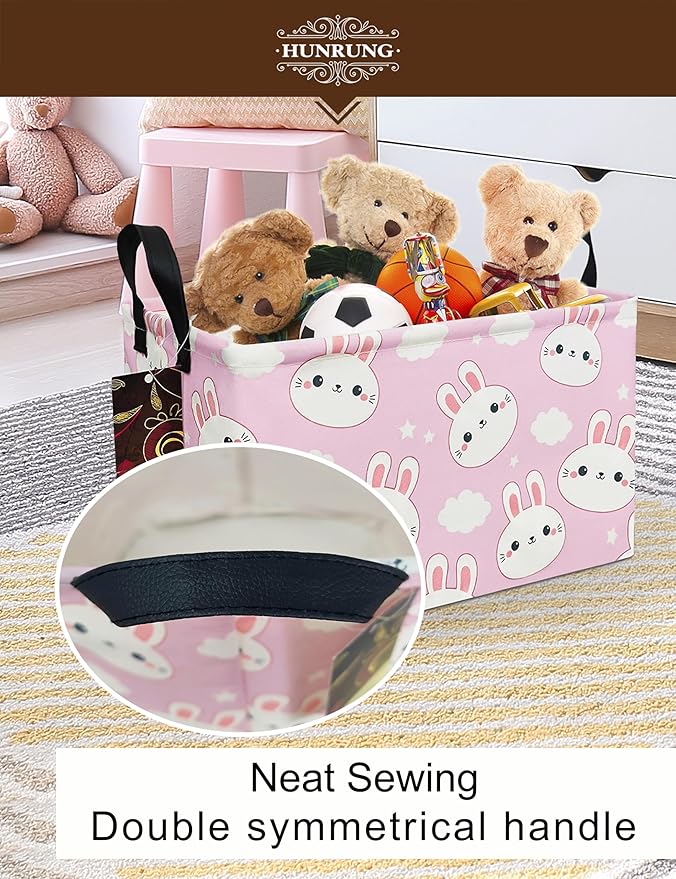 HUNRUNG Rectangle Storage Basket Cute Canvas Organizer Bin for Pet/Children Toys, Books, Clothes Perfect for Rooms/Playroom(REC-Cute Rabbit)