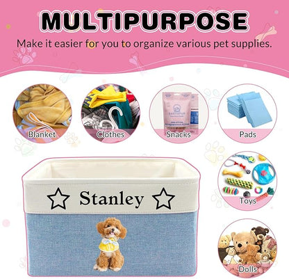 Personalized Dog Toy Basket with Name Photo Custom Dog Food Storage Bins Collapsible Organizer for Toys Dolls Clothing-Grey