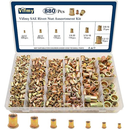 SAE Rivet Nut Assortment Kit(880 Pcs), #6-32#8-32#10-24 1/4"-20 5/16"-18 3/8"-16 1/2"-13 UNC Flat Head Rivnut Set, Zinc Plated Finish Carbon Steel Nutsert