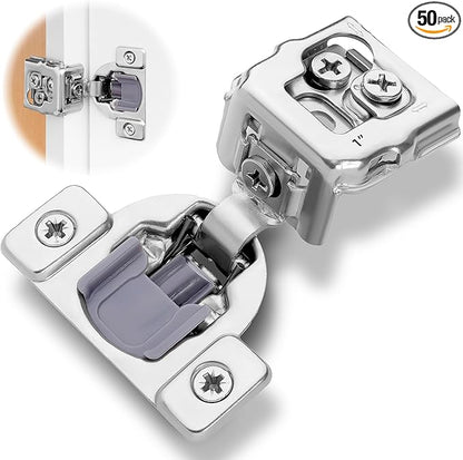 Decobasics 50 Pack Soft Close Cabinet Hinges – 1" Overlay for Kitchen Cabinet Doors, Face Frame Concealed Hidden Hinges – Stainless Steel, Self-Closing with 3-Way Adjustment & Slow Close Damper