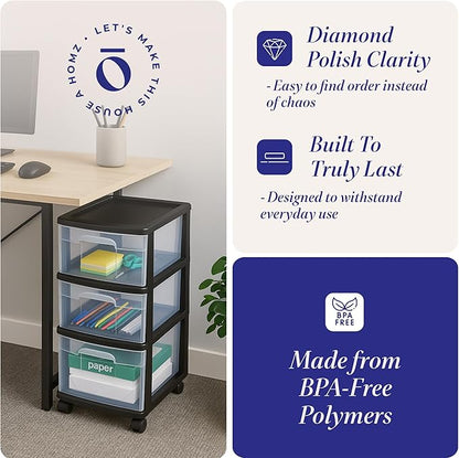 HOMZ Drawer Tower, 3-Tier Clear Plastic Storage Organizer Cart, Black Frame – Organizing Containers with Wheels for Home, Bathroom, Bedroom, Office, and Classroom