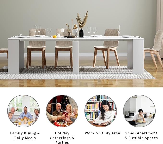 Expandable Dining Table, Transformer Console to Dining Table for 12 People, Folding Space Saving Dining Room Table with Elegant Faux Marble Top, Marble White
