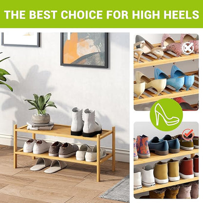 BMOSU 2-Tier Bamboo Shoe Rack Premium Stackable Shoe Shelf Storage Organizer for Hallway Closet Living Room Entryway Organizer(Natural)