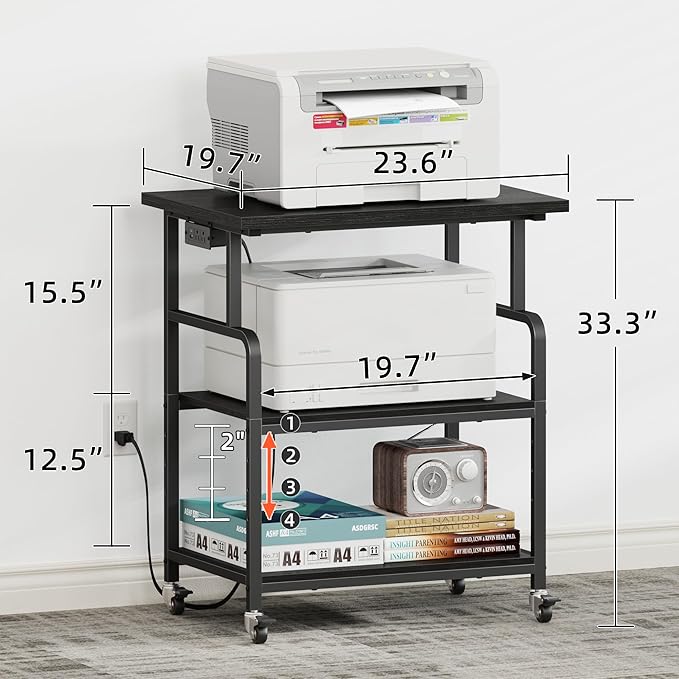 YAOHUOO 3 Tier Large Printer Stand with Power Outlet/Adjustable Storage Shelf, Rolling Cart with Wheels, Printer Table for Home Office 3D Printer/Heat Press/Laster, 23.6"×19.6" Black