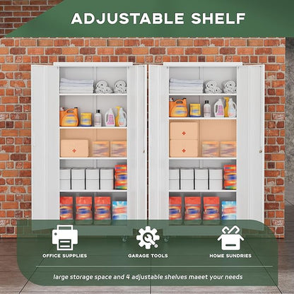 Greenvelly Metal Storage Cabinet with Wheels, 73" H Lockable Rolling Storage Cabinets with Doors and 4 Adjustable Shelves, Large Steel Cabinet for Garage, Office, Home, School (White)