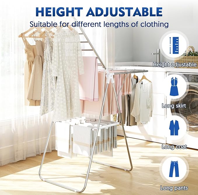 APEXCHASER Clothes Drying Rack, Stainless Steel Drying Rack Clothing with Height-Adjustable, Foldable Gullwings Laundry Drying Rack, Indoor Outdoor Use, No Assembly, White