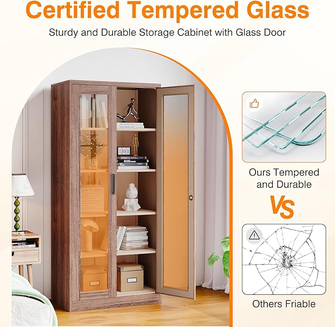 Glass Display Cabinet,Metal Storage Cabinet with Doors and 4 Adjustable Shelves,Lockable Glass Display Case for Home,Office and Exhibition Hall (Rustic Brown)