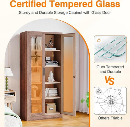 Glass Display Cabinet,Metal Storage Cabinet with Doors and 4 Adjustable Shelves,Lockable Glass Display Case for Home,Office and Exhibition Hall (Rustic Brown)